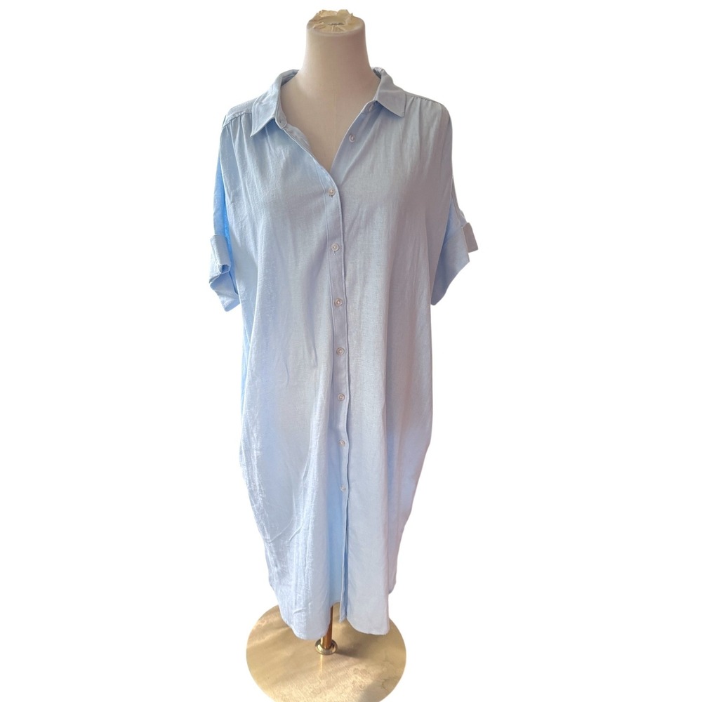 Well Worn Light Blue Linen Blend Button Down Shirt Dress Womens XL Short Sleeve - Picture 2 of 7